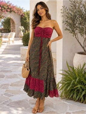 🩷. 8011. Strapless Boho Maxi Dress in Burgundy and Olive